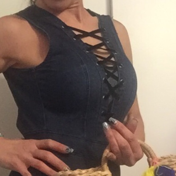 BLUE DENIM SLEEVELESS LACE UP JUMPSUIT - Picture 5 of 9